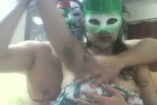 Amateur masked virgin love birds do first time fucking at home